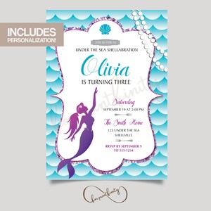 May include: A mermaid-themed birthday invitation with a purple mermaid silhouette, a seashell, and a string of pearls. The invitation reads "Join us for an Under the Sea Shellabration Olivia is turning three Saturday September 19 at 2:00 PM The Smith Home 123 Under the Sea Shellville RSVP by September 9 to 555-1234".
