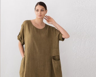 Relaxed Fit Linen Dress - Round Neck, Short Sleeves, Perfect for Any Occasion