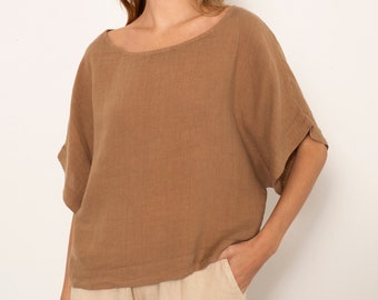 Linen Blouse with Wide Short Sleeves, Boat Neckline and Loose Fit