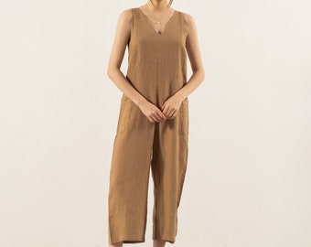 Versatile Linen Jumpsuit - V-Neck, Wide-Legged, Patch Pockets, Relaxed Fit