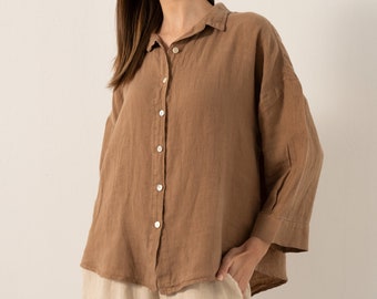 Loose Fit Linen Shirt for Women - Shirt collar, Button Closure, Multiple Colors