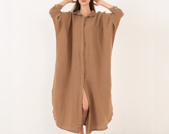 Women's Oversized Linen Shirt Dress -  Batwing Sleeves, Hidden Pockets, Full-Length Buttons