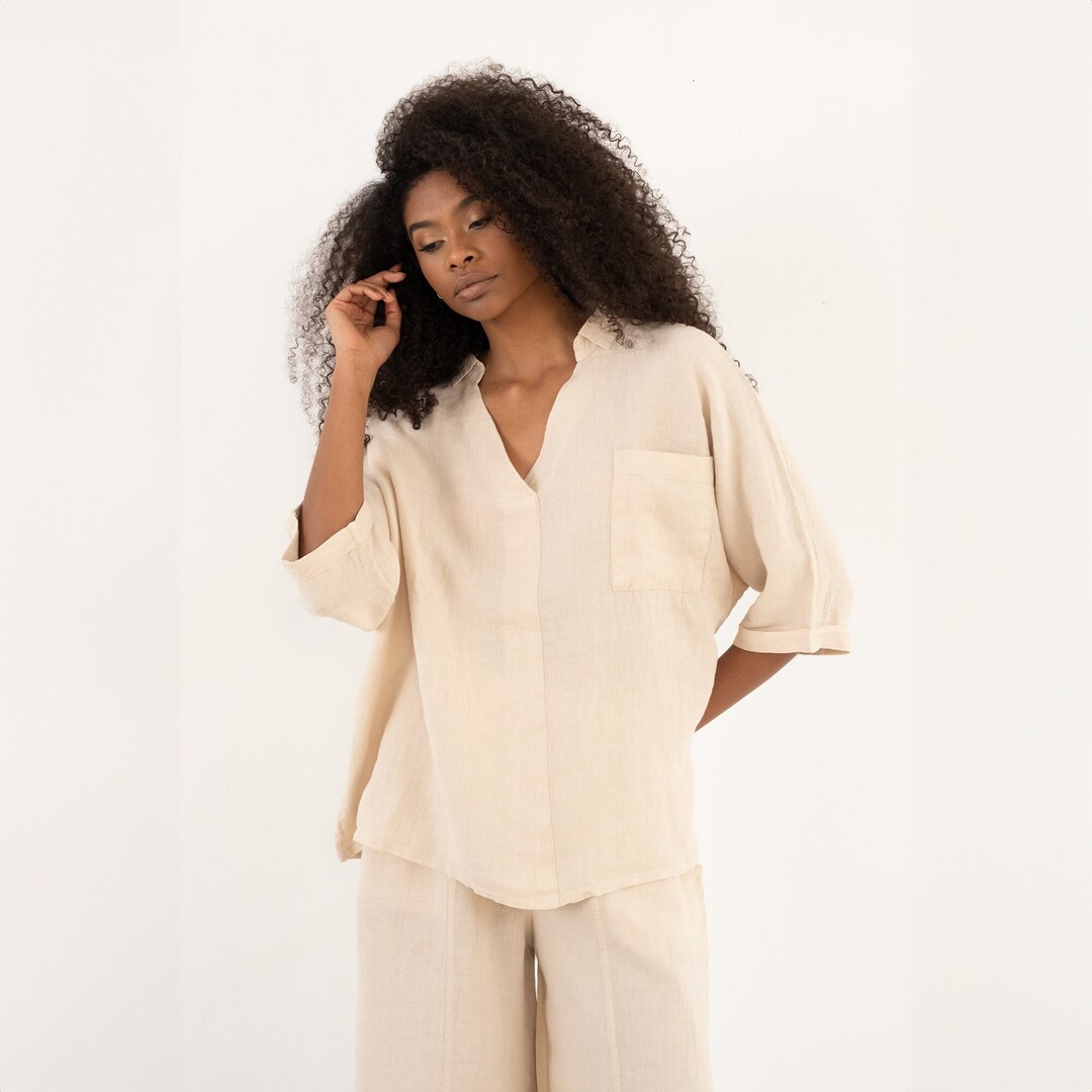Linen v neck cream shirt /XL main image 0