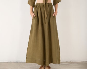 Linen Maxi Skirt - Elastic Waist, Ankle Length, Deep Side Slits and Pockets