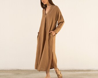 Mandarin collar Linen Dress with Foldable Long Sleeve