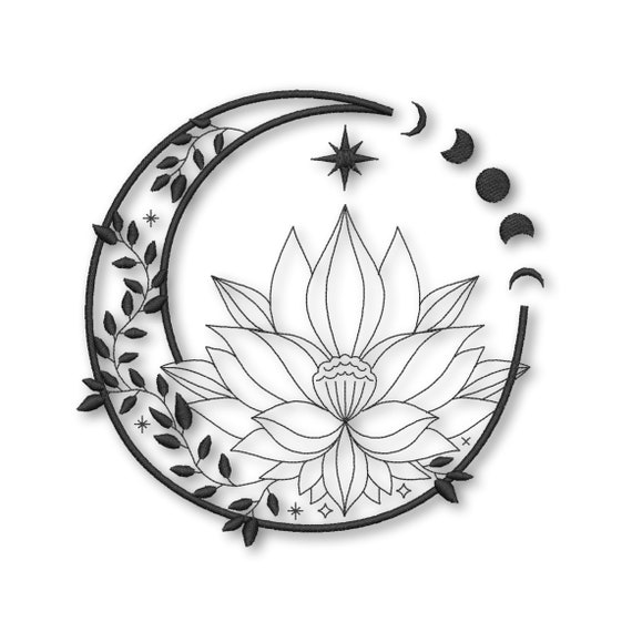 Moon Flower Crescent Celestial Floral lotus Embroidery Designs Etsy