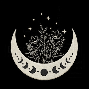 Floral moon Wildflowers Celestial Crescent moon Embroidery Designs Machine Instant Digital Download Pes Hus File