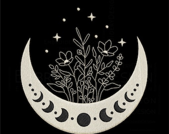 Floral moon Wildflowers Celestial Crescent moon Embroidery Designs Machine Instant Digital Download Pes Hus File