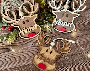 Bola de Navidad de madera. Personalizada con nombre. Modelo Reno. Adornos navideños personalizados. VPM Original