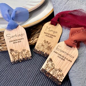 Segnaposto con semi e fiocco di stoffa. Personalizzato, ideale per matrimoni, comunioni, battesimi, compleanni, feste