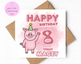 Personalised Pig Birthday Card – Custom Age & Name Card for Kids, Cute Pink Pig Party Card, Any Age Girl Birthday Card