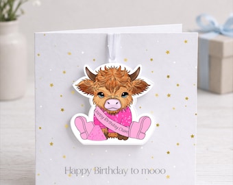Personalised Highland Cow Birthday Card with Detachable Keepsake | Custom Card | Cute Cow Card Keepsake | Unique Keepsake Birthday Card
