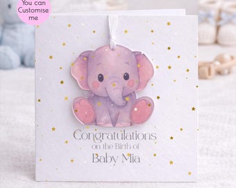 Personalised New Baby Card with Detachable Keepsake, Baby Elephant Card, New Baby Gift, Custom Baby Name Card, Baby Shower Card UK