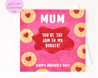 Funny Mothers Day Card from Son or Daughter, Jam to My Dodger Card, Cute Mum Birthday Card, Food Pun Card for Mum