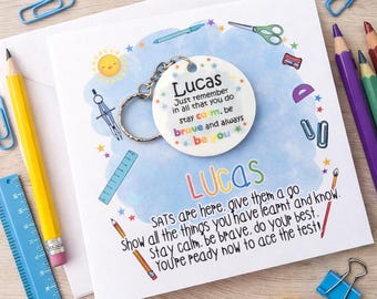 Personalised SATs Good Luck Card with Keyring Keepsake | Exam Encouragement Gift for Kids | Stay Calm Be Brave Gift | Custom Name Card