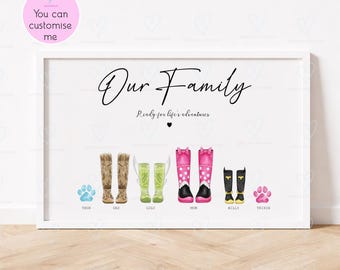 Personalised Family Welly Boot Print with Dogs, Custom Wellington Boot Family Portrait, Mum Dad Kids Pet Wellies Wall Art, Family Name Gift