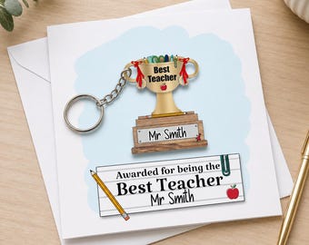 Personalised Best Teacher Card with Trophy Keyring | Thank You Teacher Gift | Custom Teacher Appreciation Card | End of Term Gift UK