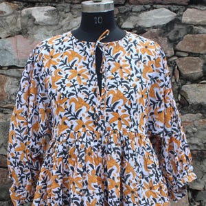 Hand Block Printed Cotton Midi Dress: White & Yellow Floral, Organic Cotton