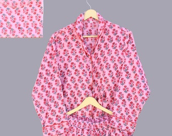 Pink Floral Cotton Pajama Set: Hand Block Print Sleepwear
