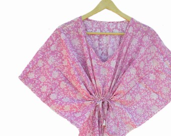 Pink Floral Cotton Kaftan Maxi Dress: Bohemian Summer Gown