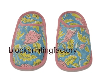 Indian Block Floral Print Summer Slippers, Hotel Slippers, Hand Block Printed Cotton House Slippers, Ladies Slippers, Slides