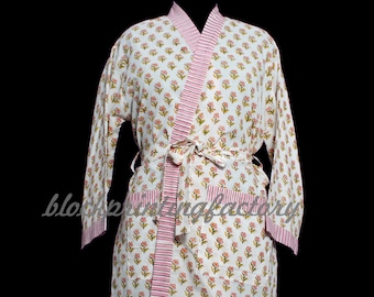 ハンドメイドインド綿着物ローブ：ブロックプリント花柄スパガウン