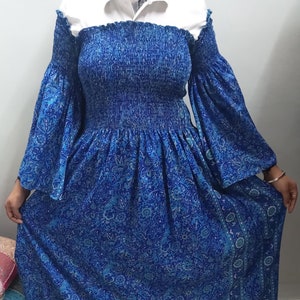Handmade Indian Block Print Silk Maxi Dress: Blue Floral Holiday Dress