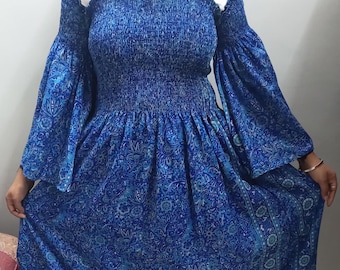 Handmade Indian Block Print Silk Maxi Dress: Blue Floral Holiday Dress