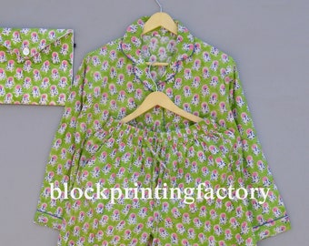 Hand Block Print Cotton Pajama Set, Floral Sleepwear, Button Down Loungewear, Matching Pouch Included