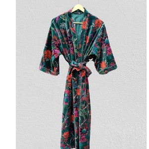 Green Velvet Kimono Robe: Hand-Printed Cotton Lining, Reversible Jacket