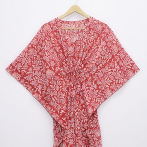 Hand Block Print Cotton Kaftan Maxi Dress: Red Floral Bohemian Tunic