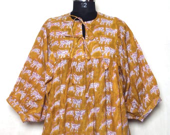 Vestido escalonado de algodón estampado a mano: vestido largo de verano con estampado de tigre.