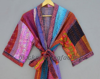 Gewatteerde katoenen patchwork kimonobadjas: handgemaakt boho sari-jack