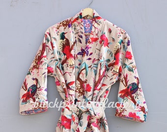 Bird Print Velvet Kimono Robe: Bohemian Floral Jacket