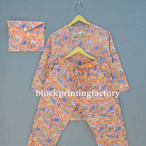 Indian Cotton Night Suit Women Floral Pj Set, Hand Block Printed Cotton Pajamas PJ Set Sleepwear Pajama Set Nightwear Dress, Lounge Wearset.