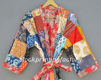 Vintage Indian Kantha Quilt Kimono Jacket: Handmade Patchwork Cotton Robe