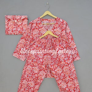 Cotton Pajamas ! Indian Cozy Night Suit, Flower Hand Block Print Suit, Ethnic Women Night Wear Dress, Women Comfyset,Christmas gift on sale.