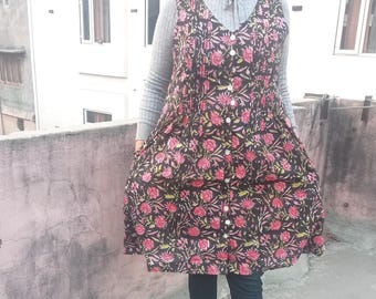 Hand Block Printed Cotton Dress: Boho Floral Sleeveless Midi