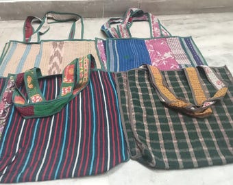 Bolsa Kantha Tote Feita à Mão: Bolsa de Ombro Boho de Algodão Reciclado