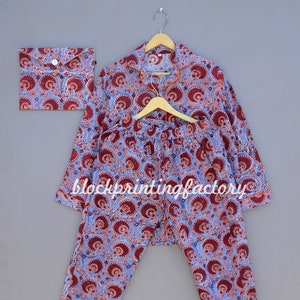 Hand Block Print Pajamas Floral Pure Cotton PJ&#39;s Pajamas Set Indian Cotton Night Wear Soft Cotton Night Suit Gift for Her Bridesmaid Pajamas