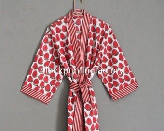 ハンドメイドインド綿着物ローブ：ブロックプリントの鳥の花柄ガウン