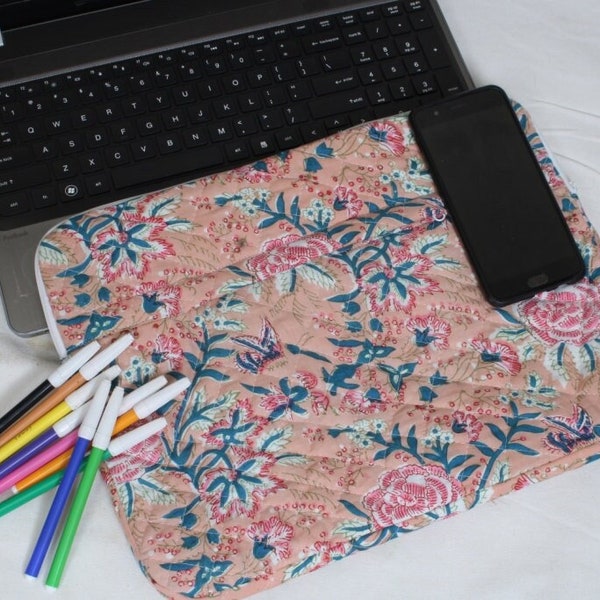 Floral Print Quilted Laptop Sleeve, Tablet Sleeve Handmade Cotton Mac book Cover Laptop Protector 13 inch Cotton iPad pro  Laptop Sleeve.