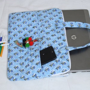 Quilted  Laptop Sleeve, Blue Cozy Laptop iPad Sleeve, Mac Book Sleeve, Aesthetic Laptop Case, Cute Handmade Toile de Jouy Gift for Her.