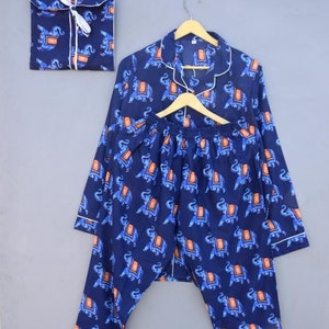 Handmade Cotton Pajama Set: Elephant Print Nightwear with Pouch