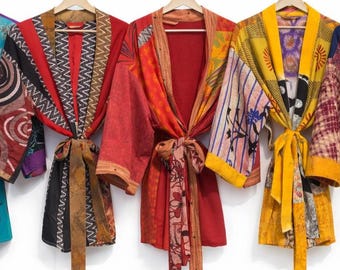 Vintage Silk Sari Kimono Robe: Short Beach Cover-Up.