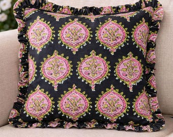 Block Print Floral Cotton Pillow Cover, Boho Frill Cushion.