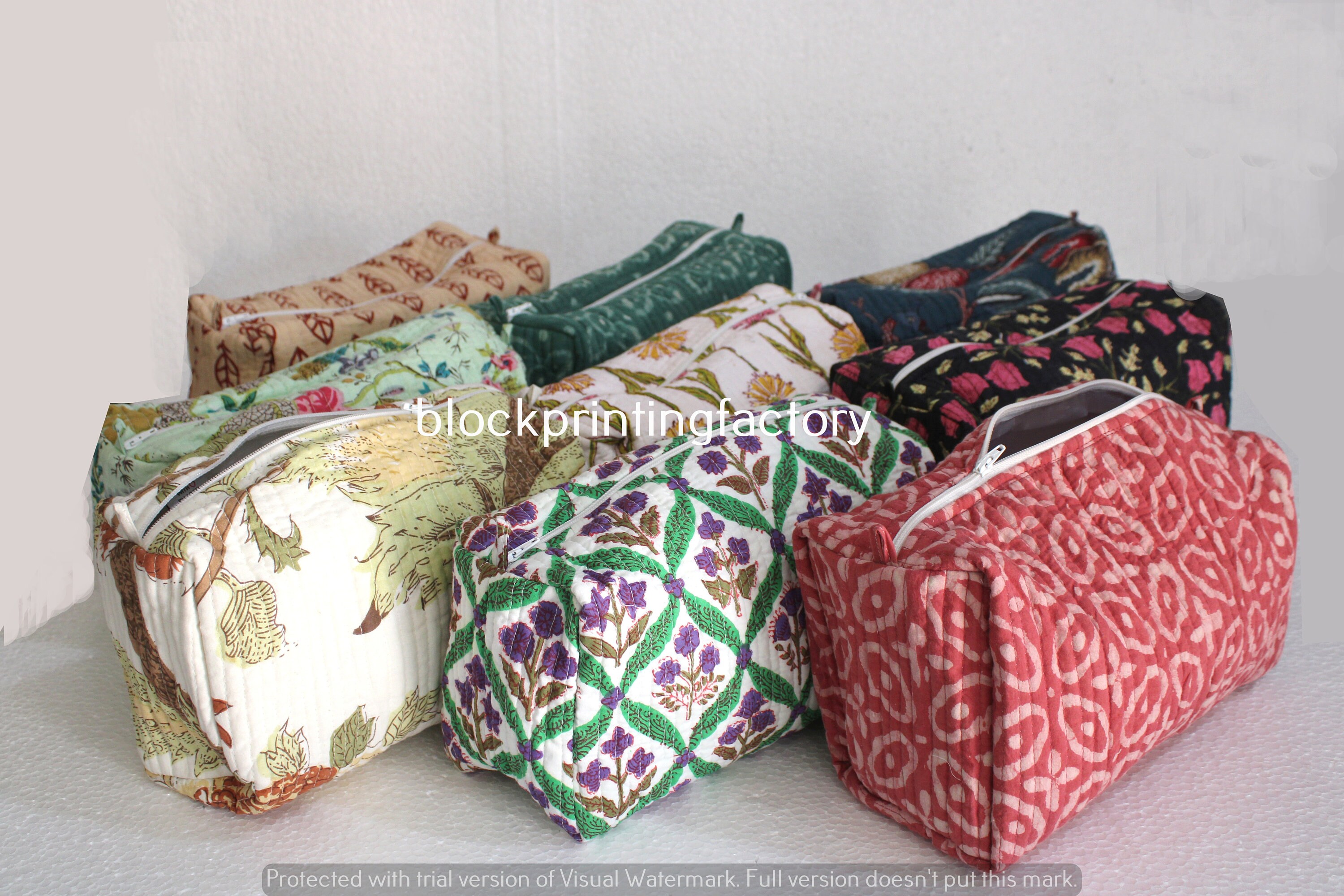 Wholesale Makeup Bags, Hand Block Print Toiletry Bag, Wash Quilted