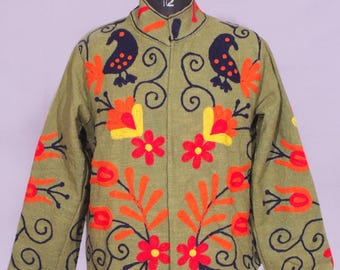 Women's Suzani Quilted Cotton Jacket, Boho Vintage Style Embroidery
