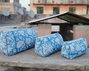 Hand Block Cotton Quilted Makeup Bag: Block Printed Floral Toiletry Organizer.