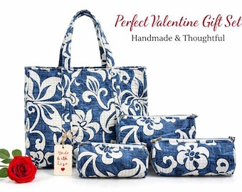 Block Print Quilted Tote Bag Set – Handmade Cotton Travel Pouches